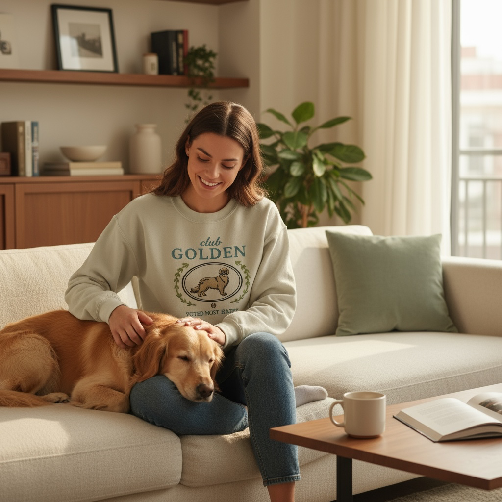 Club Golden Embroidered Sweatshirt “Voted Most Happy” Cozy Crewneck for Dog Lovers