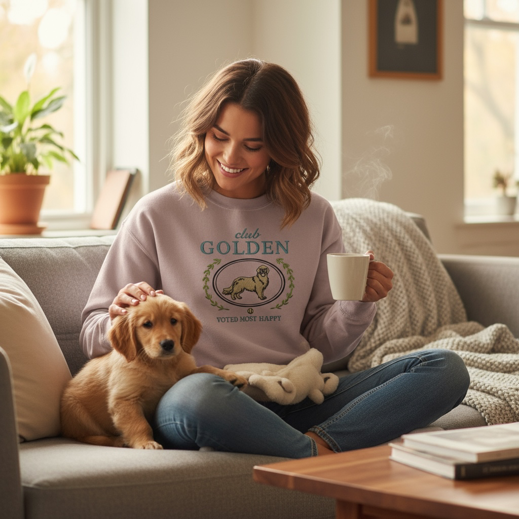Club Golden Embroidered Sweatshirt “Voted Most Happy” Cozy Crewneck for Dog Lovers