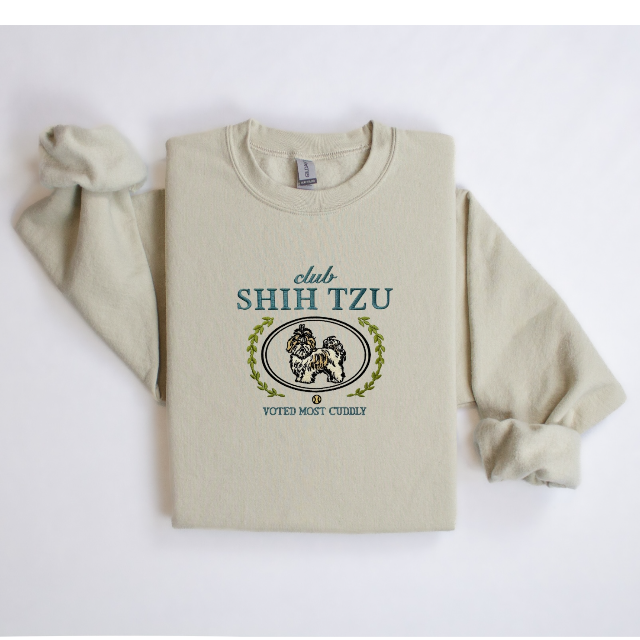 Club Shih Tzu Embroidered Sweatshirt “Voted Most Cuddly” Cozy Crewneck for Dog Lovers