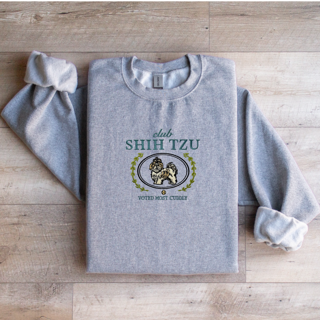 Club Shih Tzu Embroidered Sweatshirt “Voted Most Cuddly” Cozy Crewneck for Dog Lovers