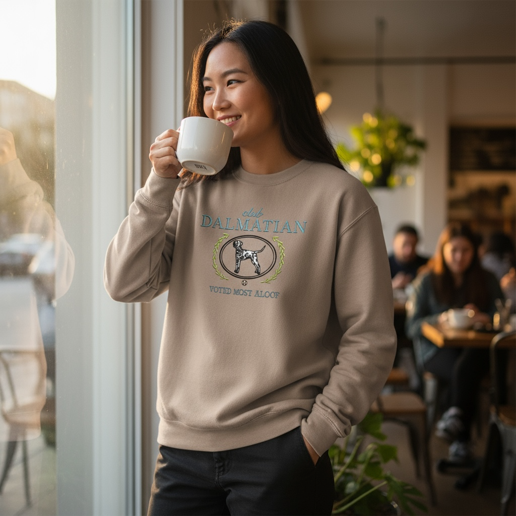 Club Dalmatian Embroidered Sweatshirt “Voted Most Aloof” Cozy Crewneck for Dog Lovers