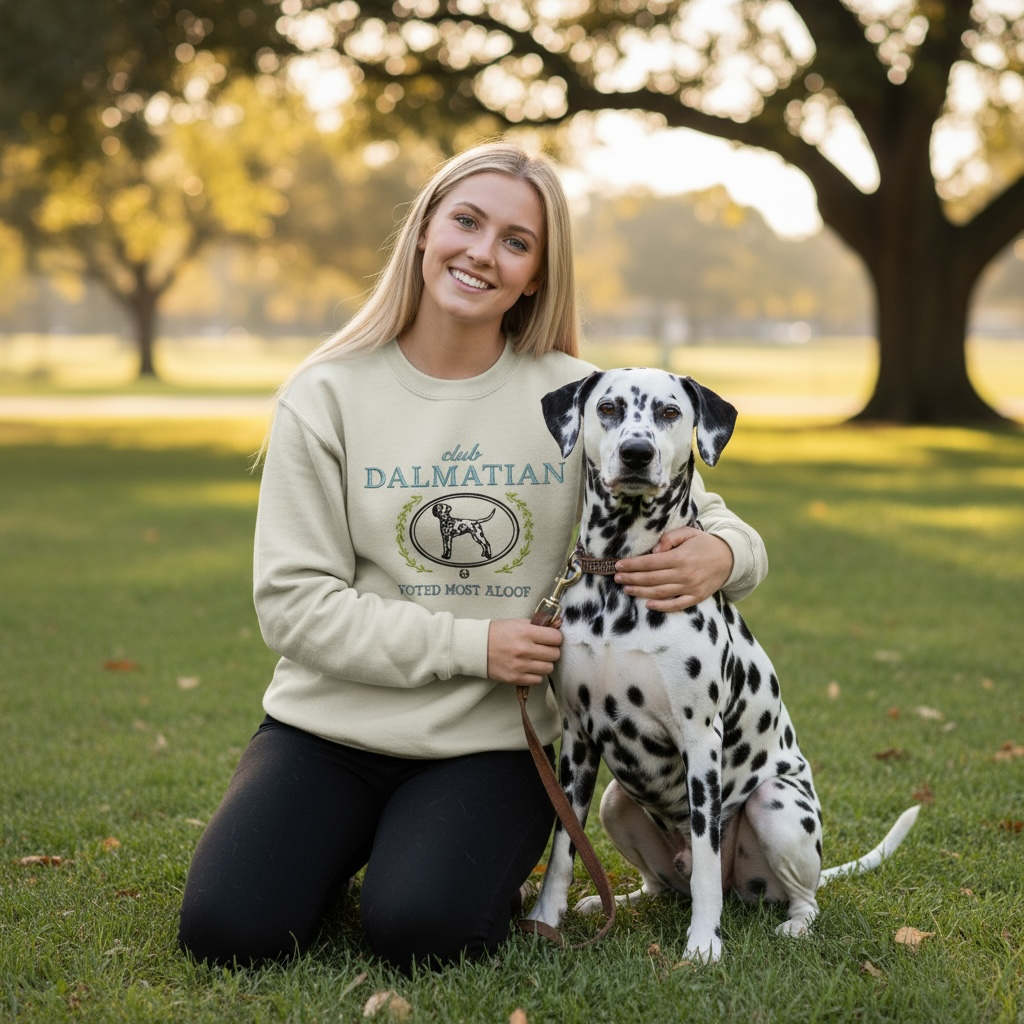 Club Dalmatian Embroidered Sweatshirt “Voted Most Aloof” Cozy Crewneck for Dog Lovers