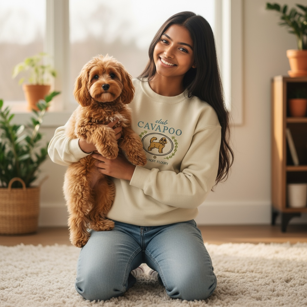 Club Cavapoo Embroidered Sweatshirt “Voted Most Floofy” Cozy Crewneck for Dog Lovers