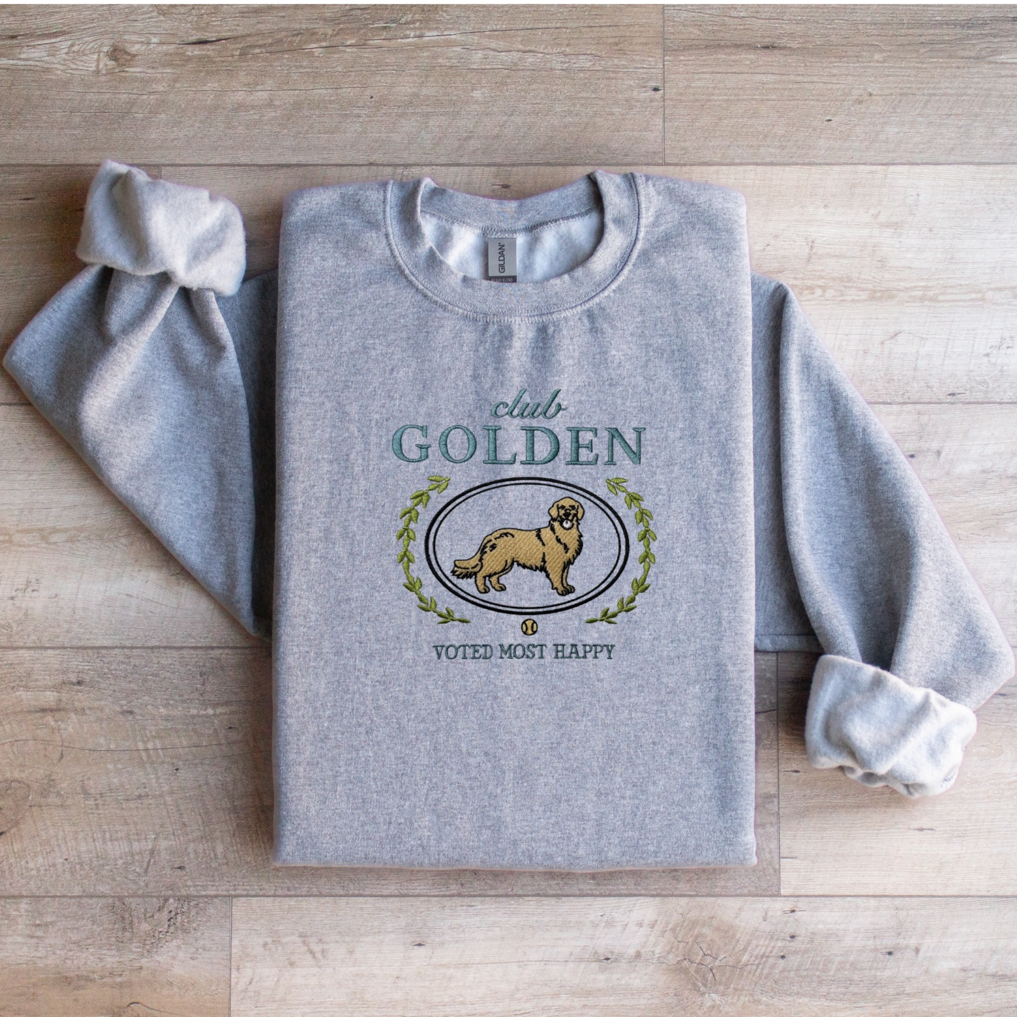 Club Golden Embroidered Sweatshirt “Voted Most Happy” Cozy Crewneck for Dog Lovers