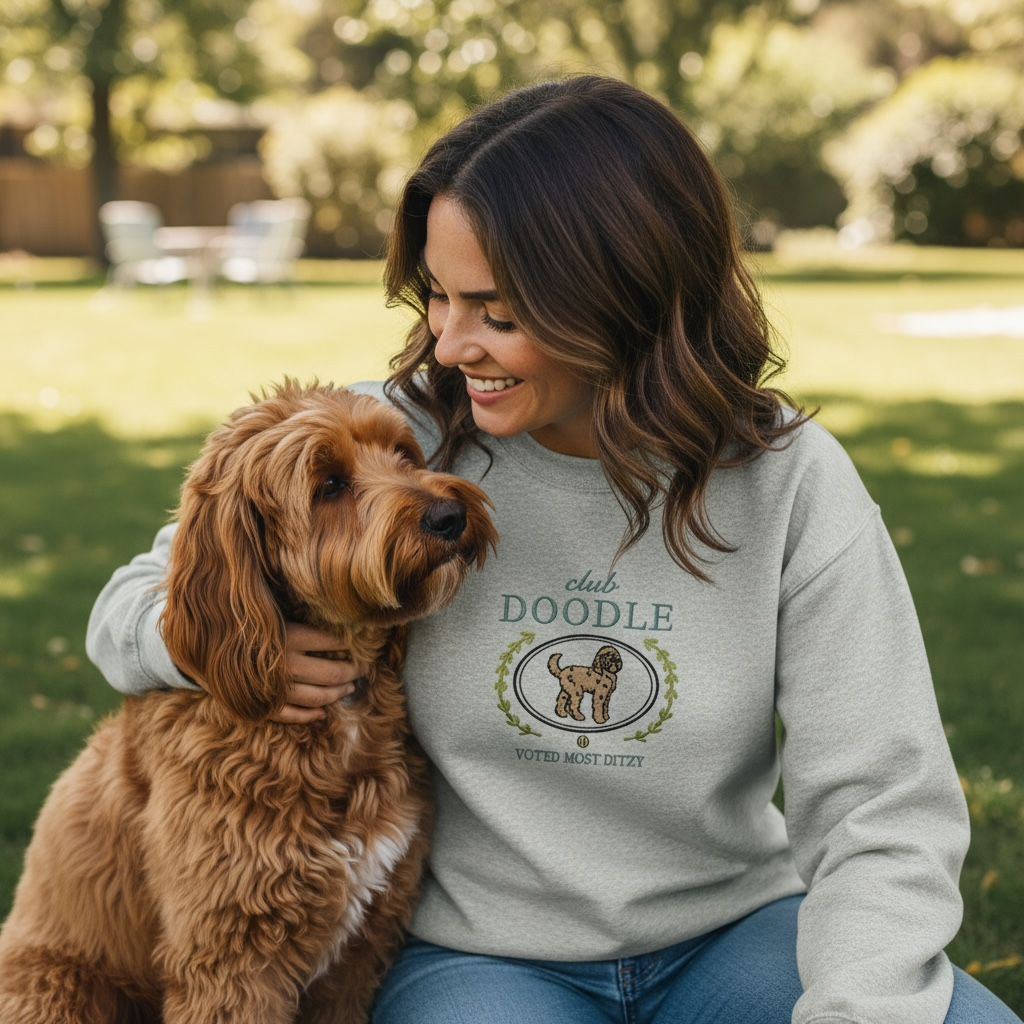Club Doodle Embroidered Sweatshirt “Voted Most Ditzy” Cozy Crewneck for Dog Lovers