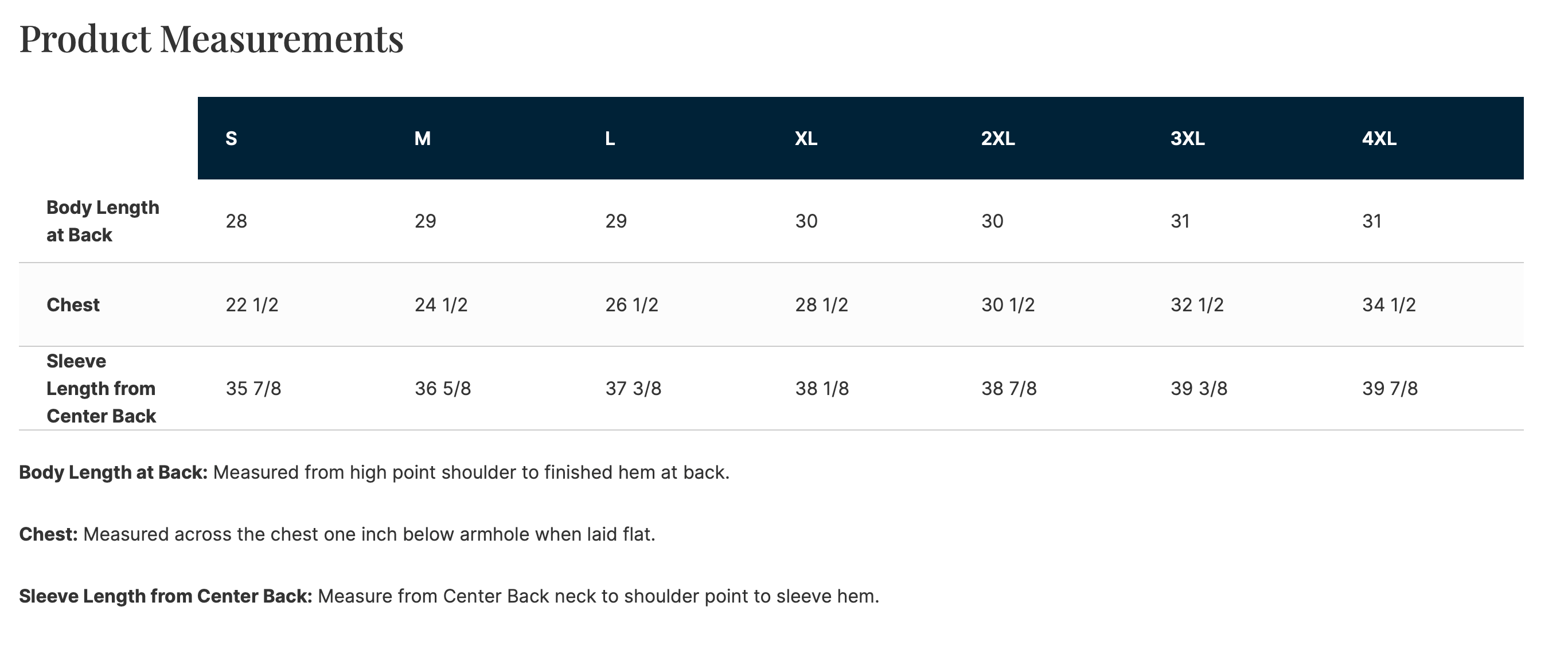 Product measurements chart for clothing sizes S to 4XL