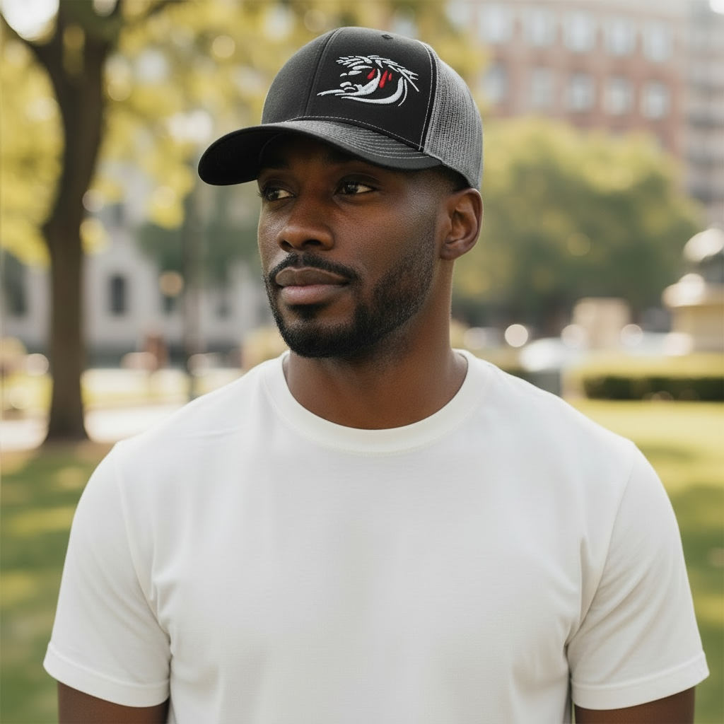 Man wearing a cap with a logo in an outdoor setting