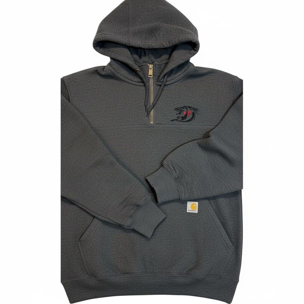 Dark gray hoodie with a logo on the chest against a white background
