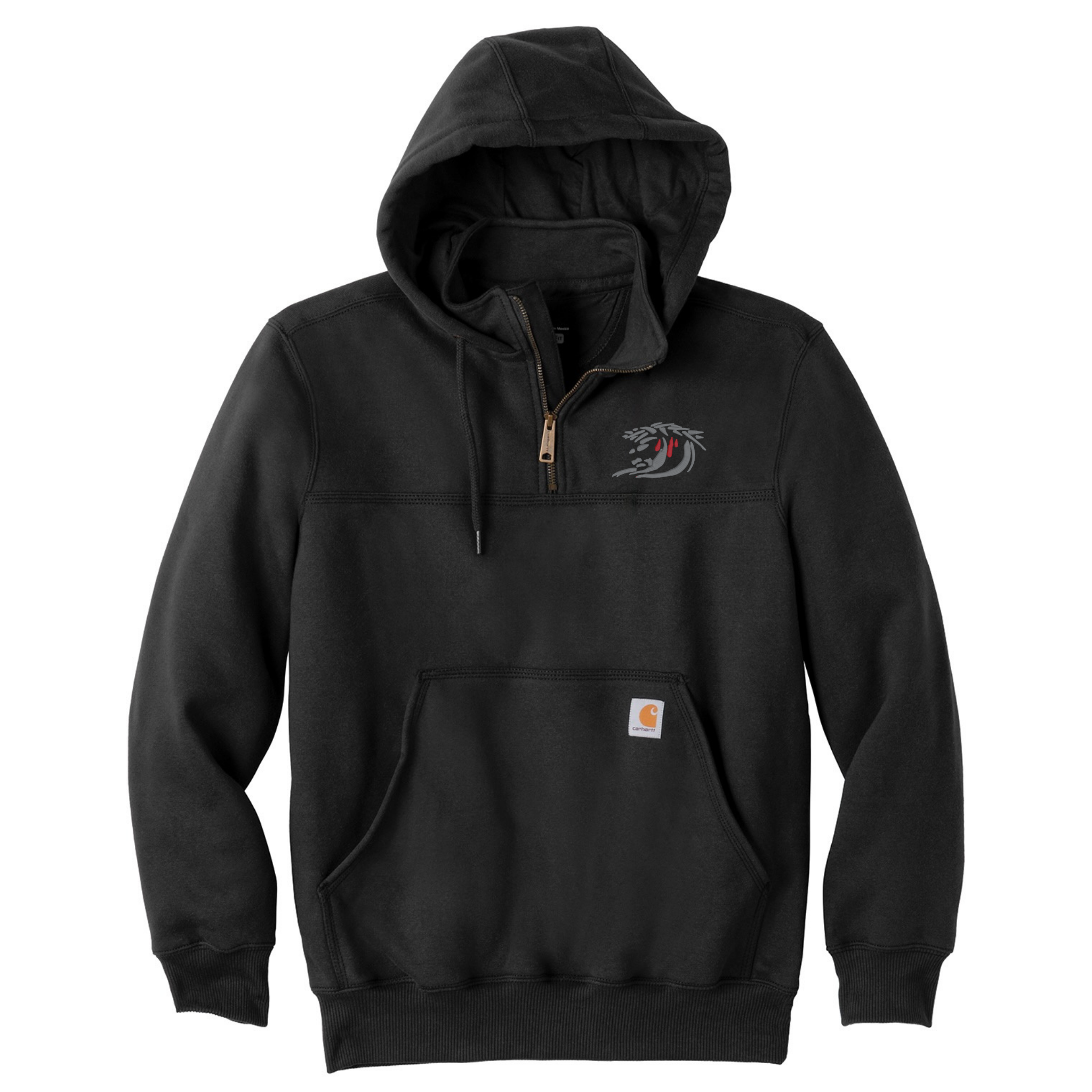 Black hoodie with a logo on the chest against a white background