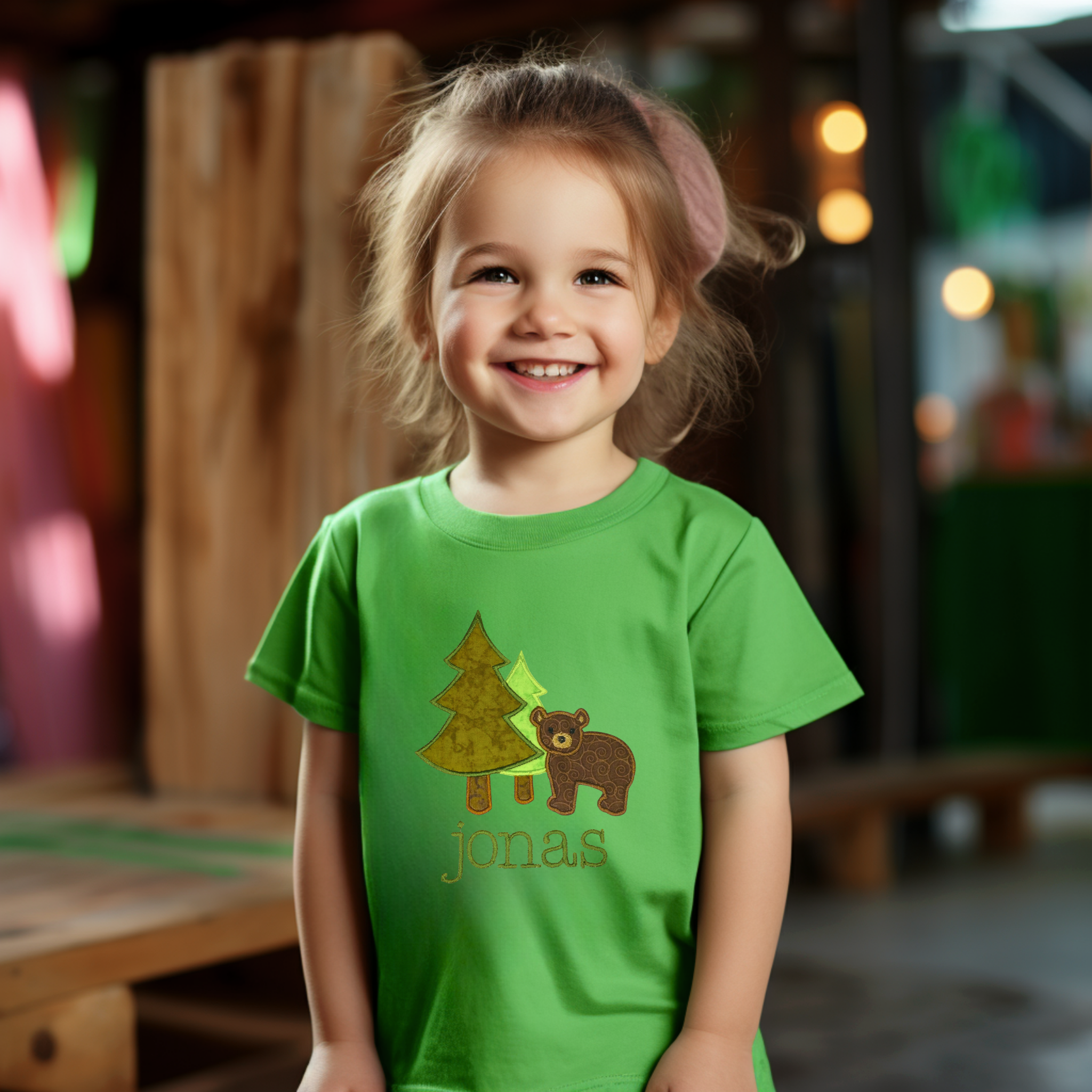 Personalized Bear & Pine Trees Appliqué Kids T-Shirt – Custom Name Woodland Adventure Tee