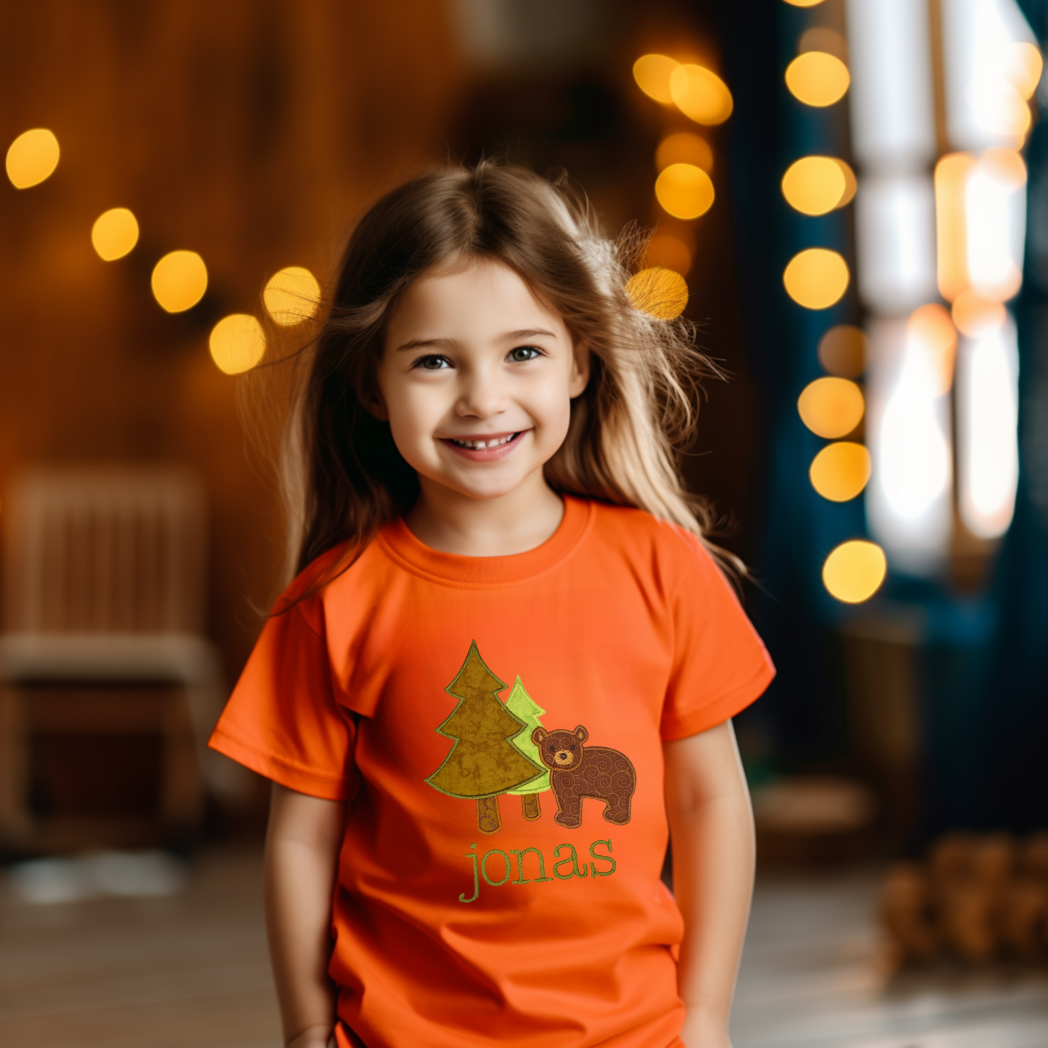 Personalized Bear & Pine Trees Appliqué Kids T-Shirt – Custom Name Woodland Adventure Tee