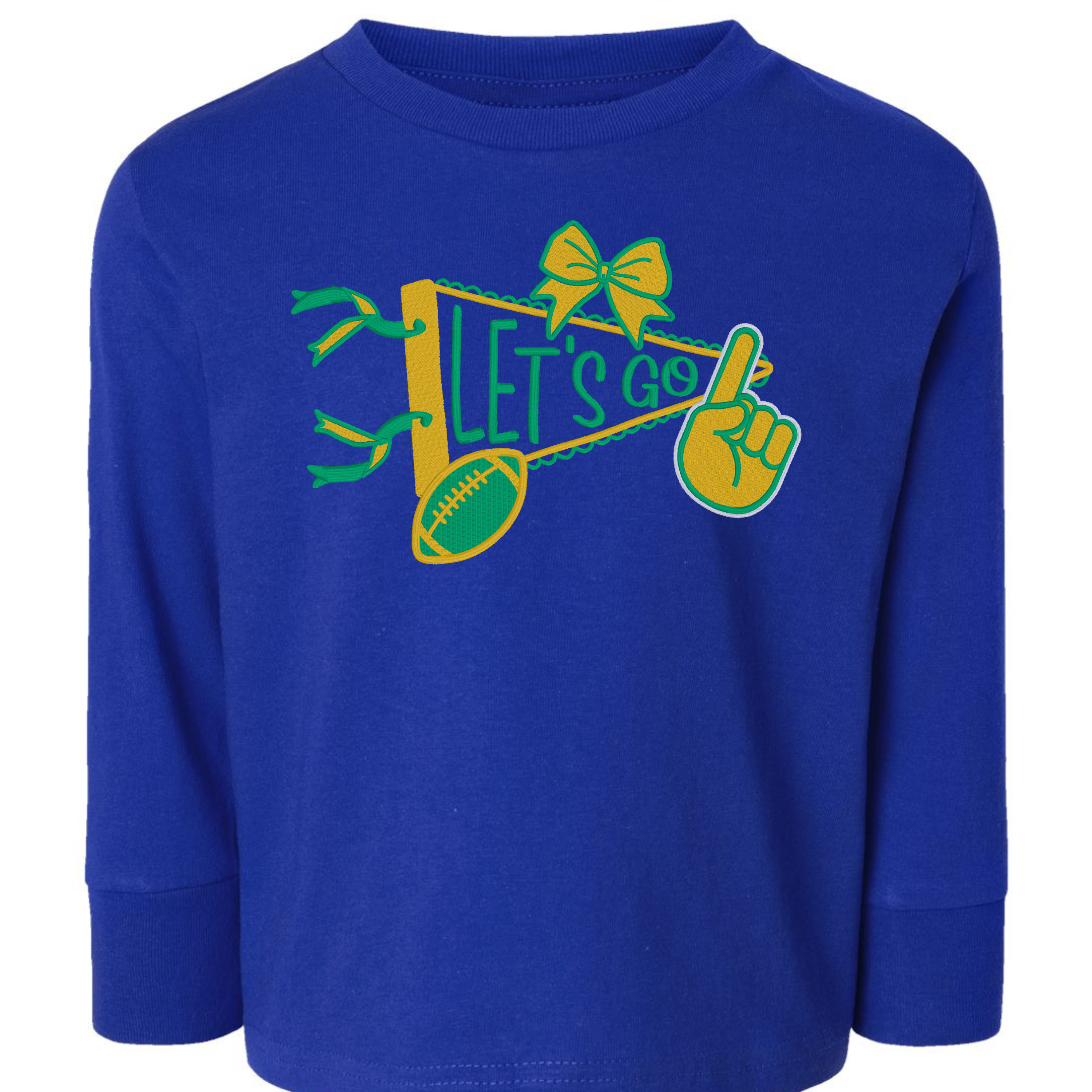 Custom Kids "Let's Go" Pennant with Football Megaphone Pointer and Bow Embroidered T-Shirt