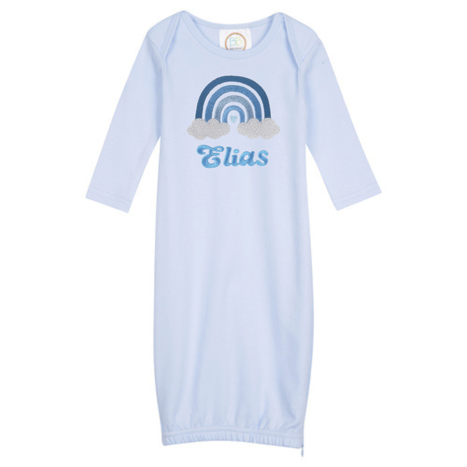 Custom Rainbow Embroidered Zippered Baby Gown – Personalized Newborn Outfit