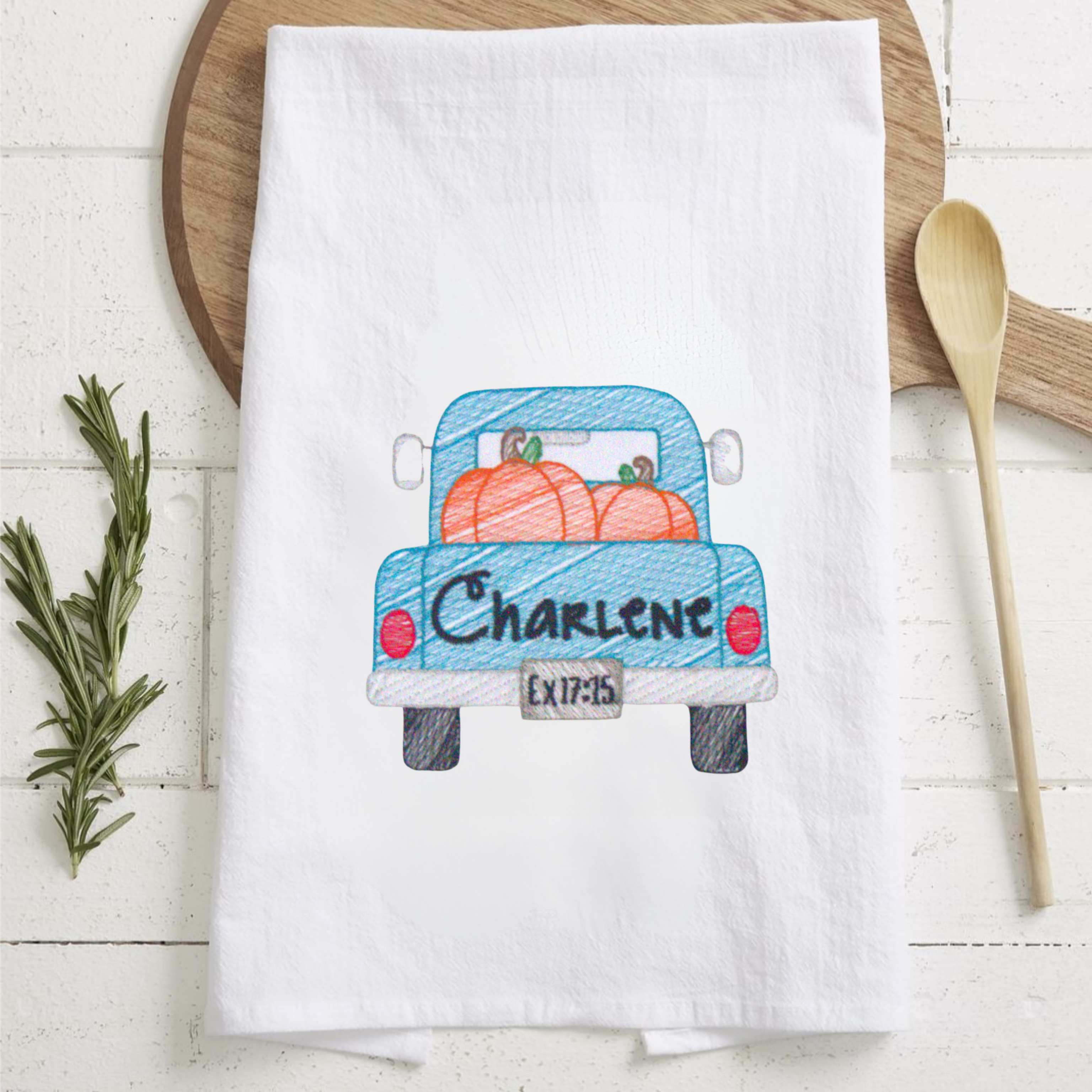 Personalized Sketched Pumpkin Truck Kitchen Towel – Custom Embroidered Vintage Fall Dish Towel
