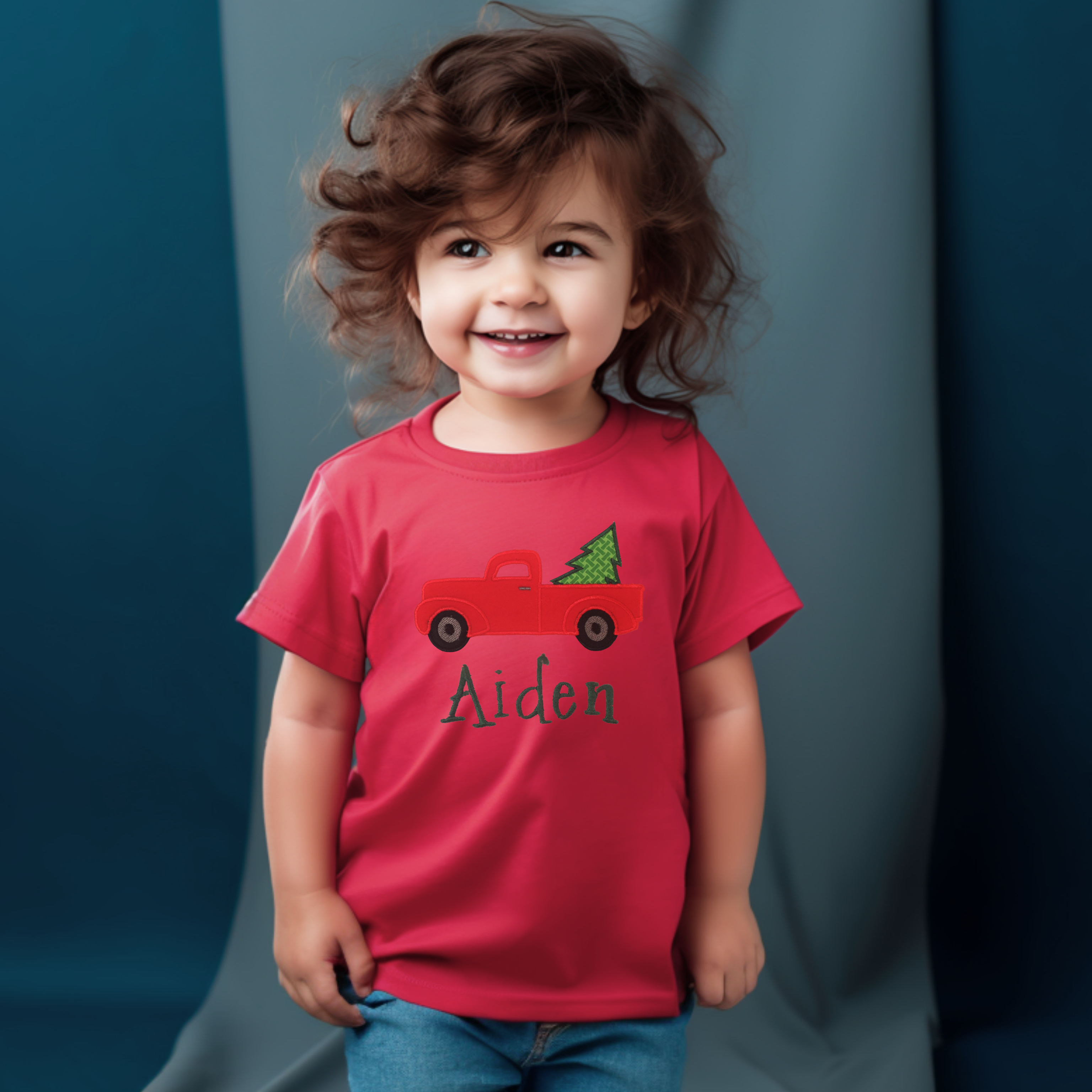 Custom Embroidered Appliqué Christmas Vintage Truck Children’s Shirt – Personalized Holiday Outfit