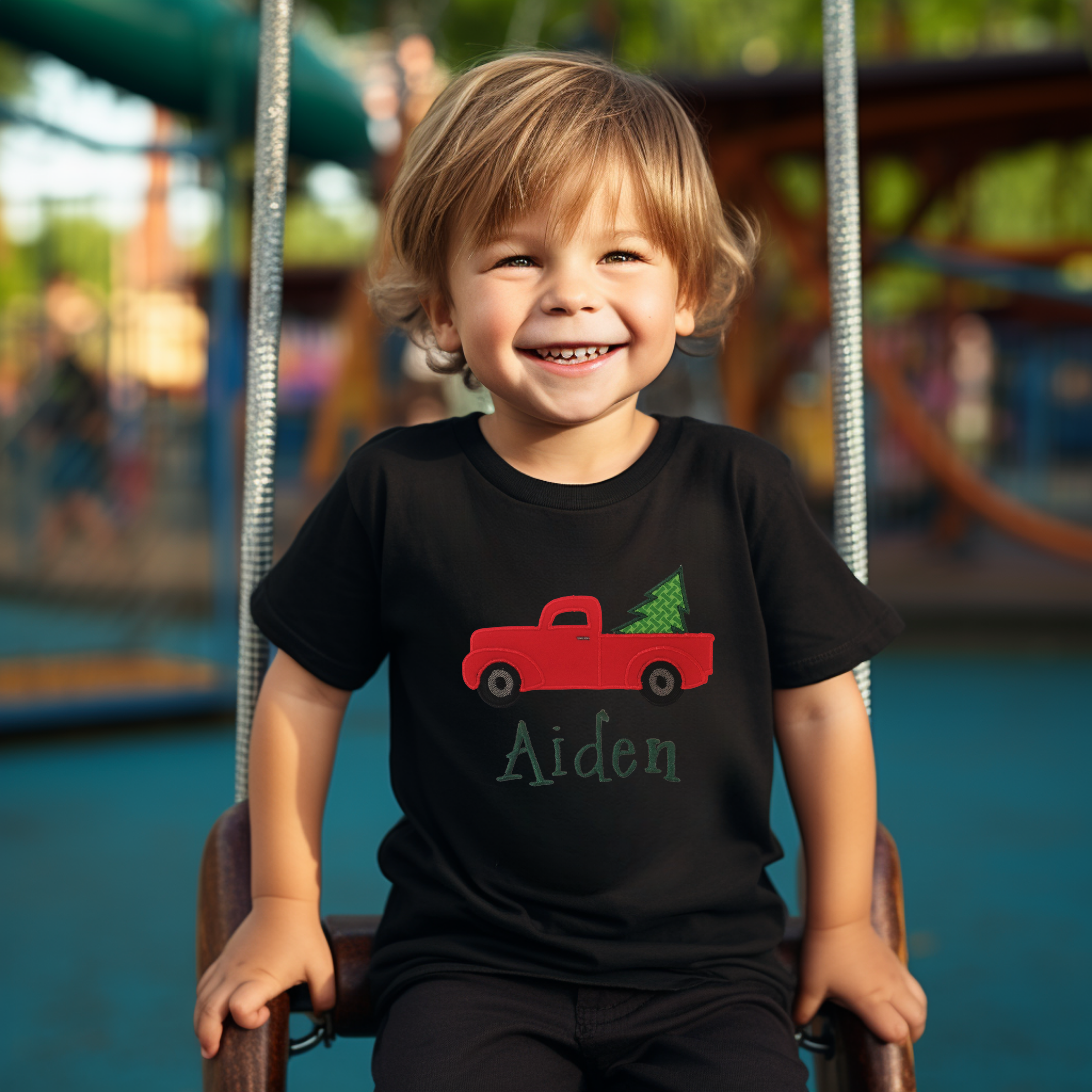 Custom Embroidered Appliqué Christmas Vintage Truck Children’s Shirt – Personalized Holiday Outfit