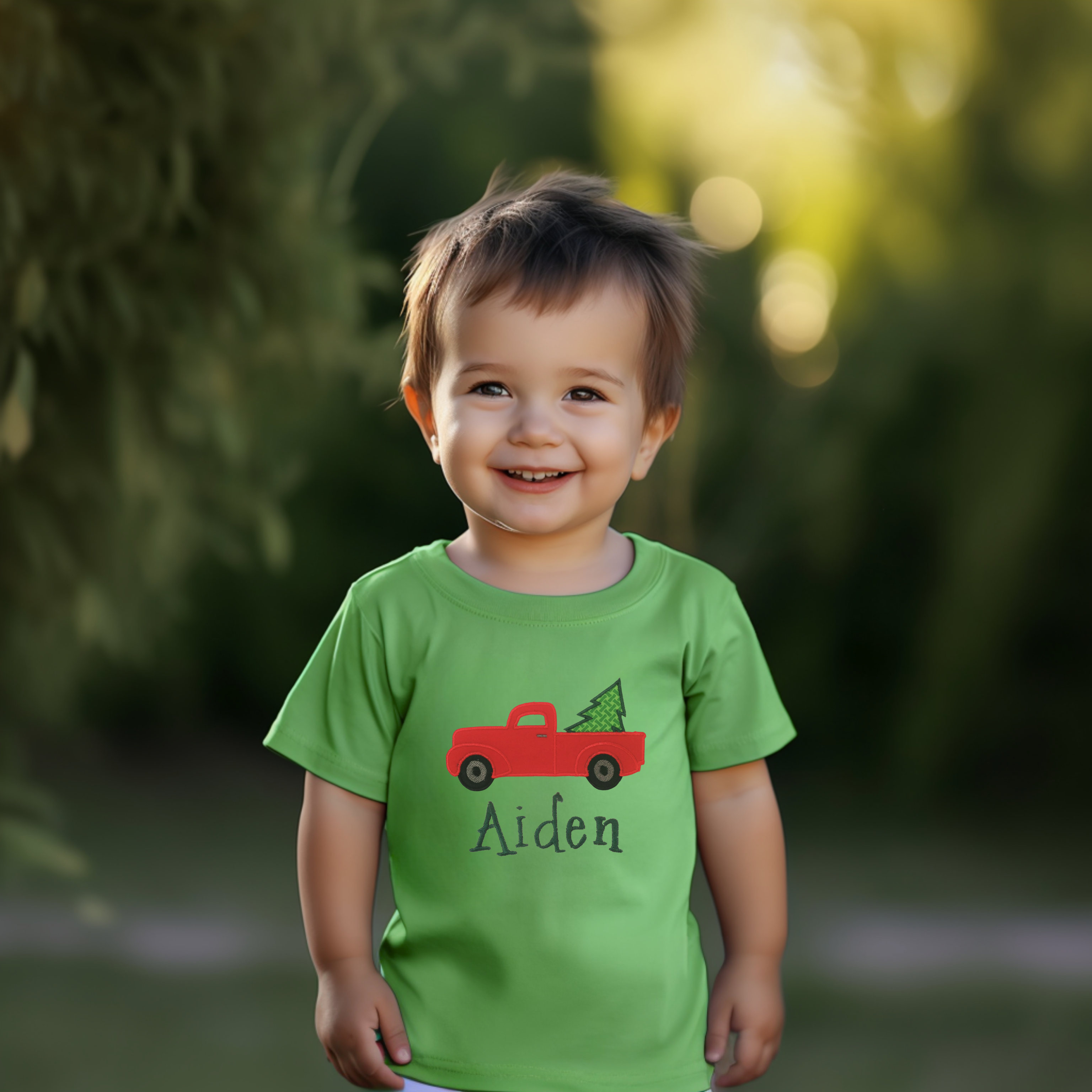 Custom Embroidered Appliqué Christmas Vintage Truck Children’s Shirt – Personalized Holiday Outfit