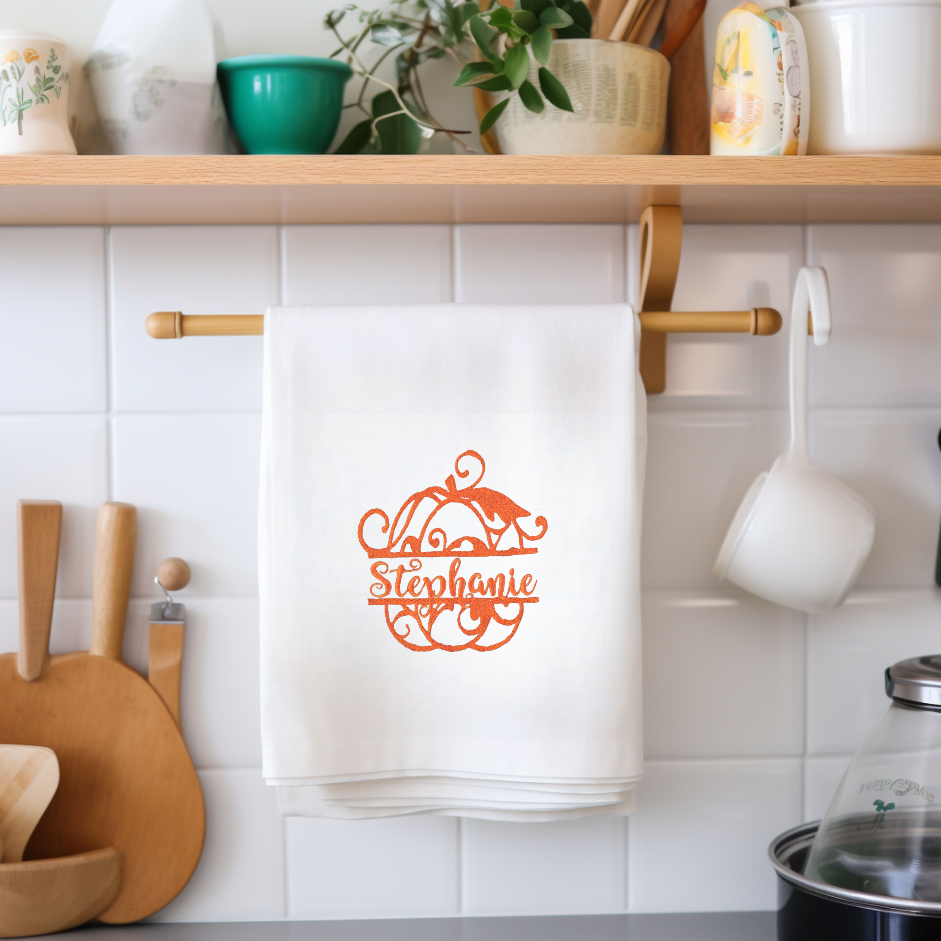Personalized Whimsical Pumpkin Kitchen Towel – Custom Embroidered Fall Split Pumpkin Dish Towel