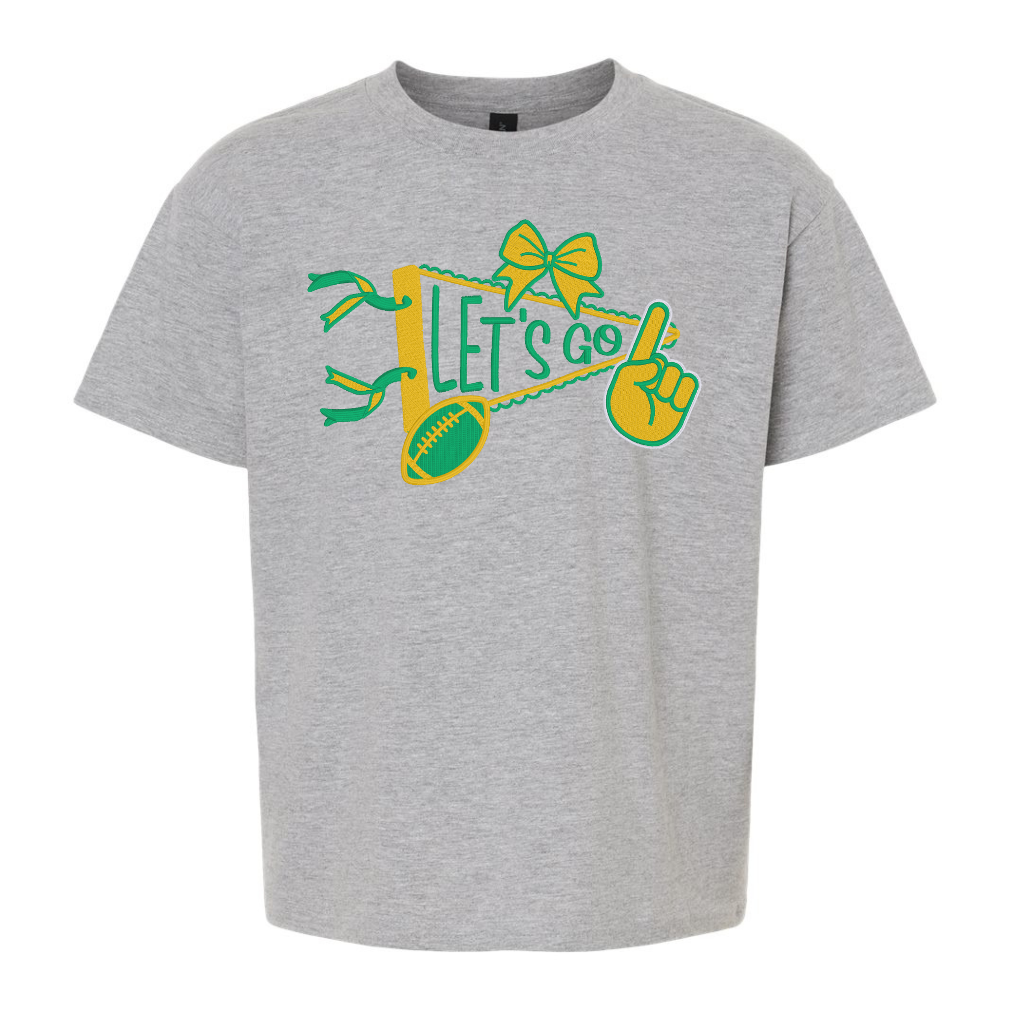 Custom Kids "Let's Go" Pennant with Football Megaphone Pointer and Bow Embroidered T-Shirt