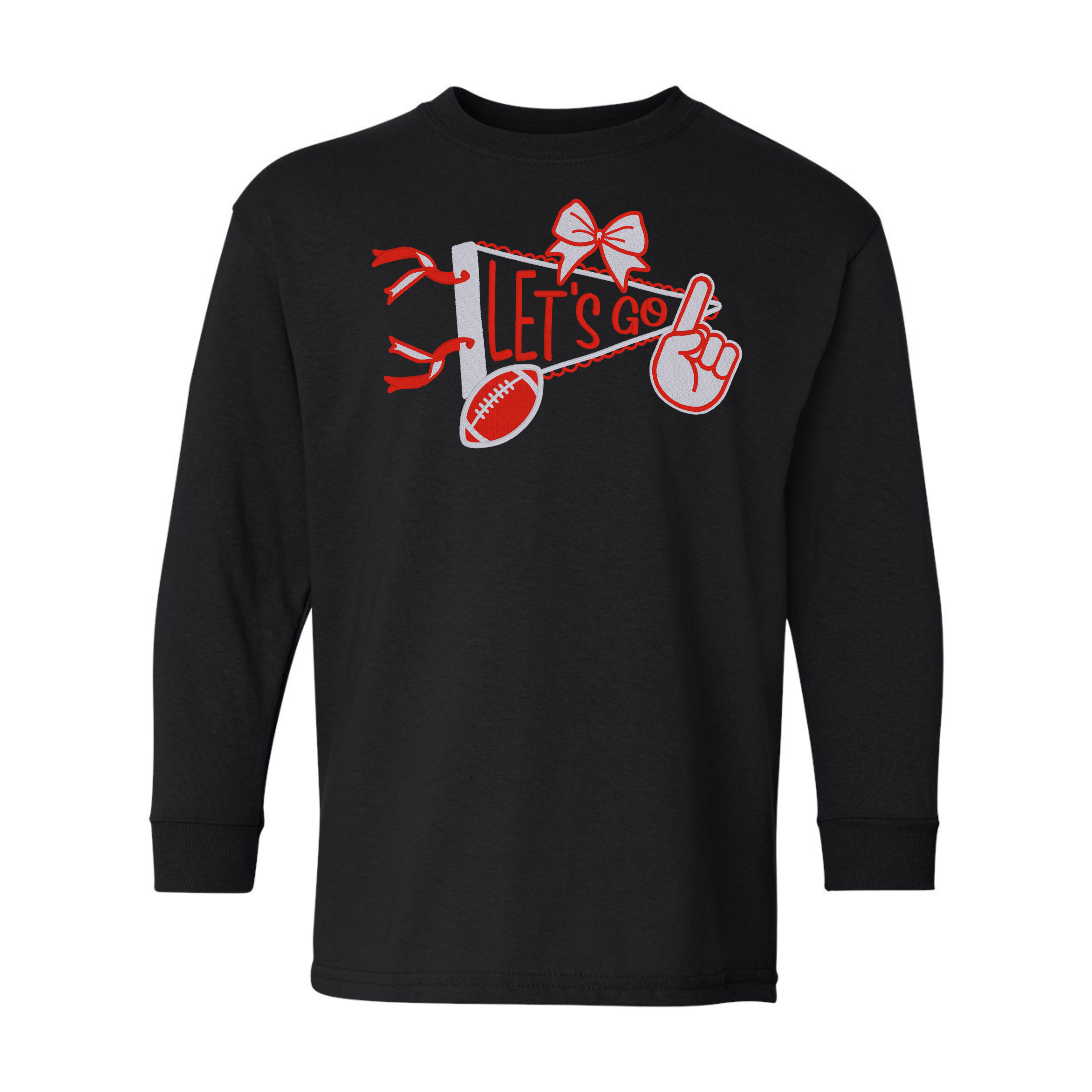 Custom Kids "Let's Go" Pennant with Football Megaphone Pointer and Bow Embroidered T-Shirt