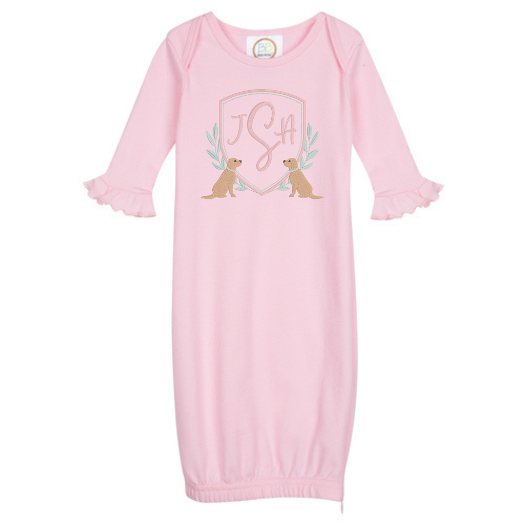 Sweet Custom Monogram Good Dog Frame Newborn Gown with Side Zipper