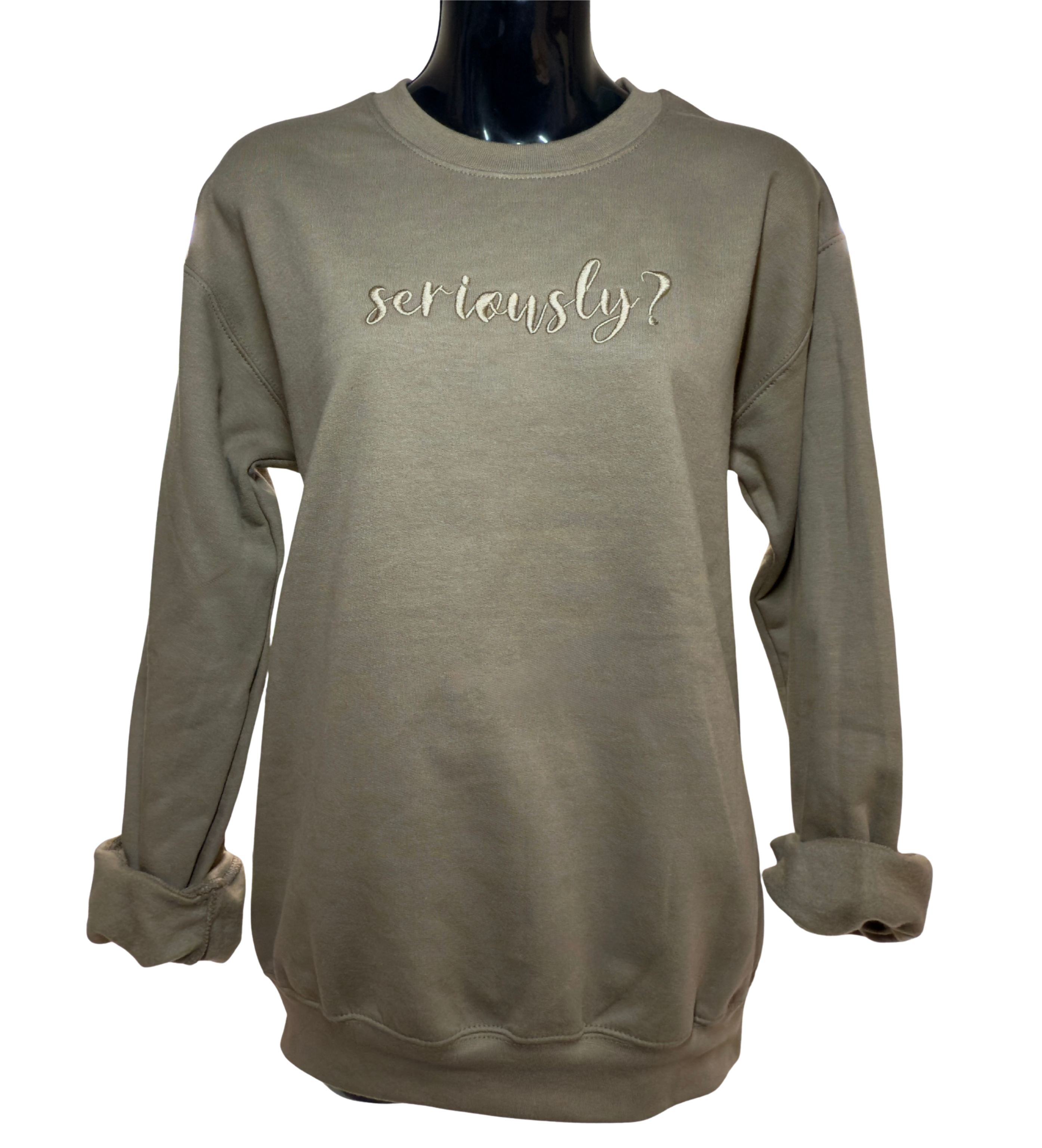 Embroidered “Seriously?” Sweatshirt – Tone on Tone Fall Colors