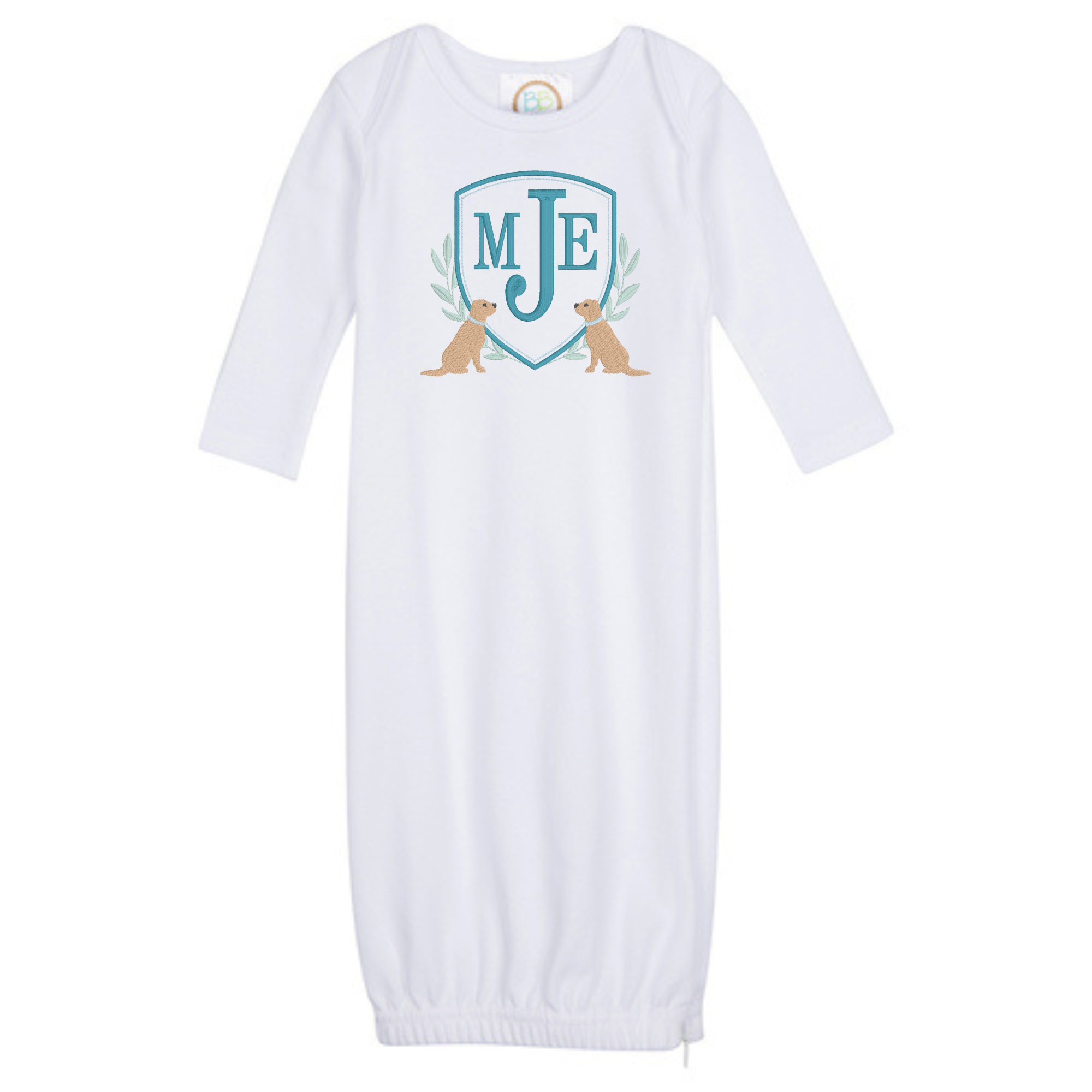 Sweet Custom Monogram Good Dog Frame Newborn Gown with Side Zipper