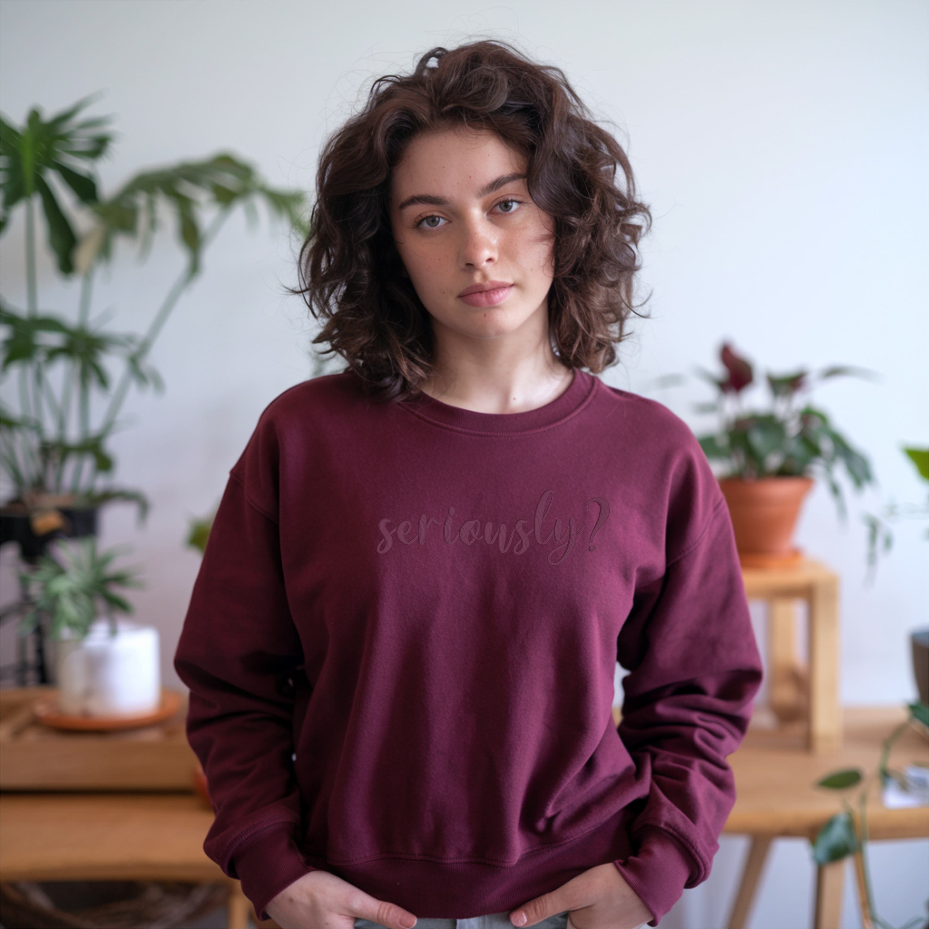 Embroidered “Seriously?” Sweatshirt – Tone on Tone Fall Colors