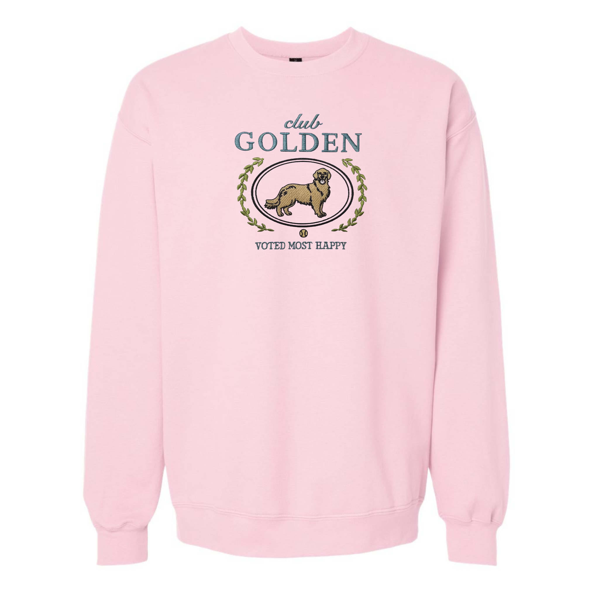 Club Golden Embroidered Sweatshirt “Voted Most Happy” Cozy Crewneck for Dog Lovers