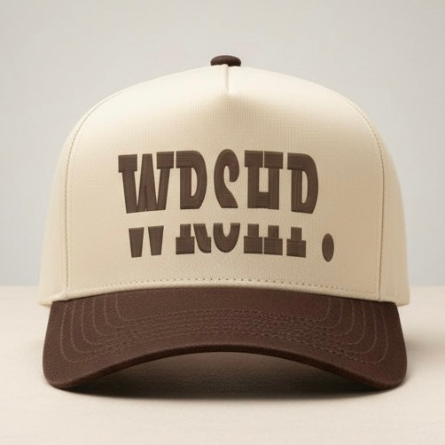 Beige and brown cap with text on a light gray background