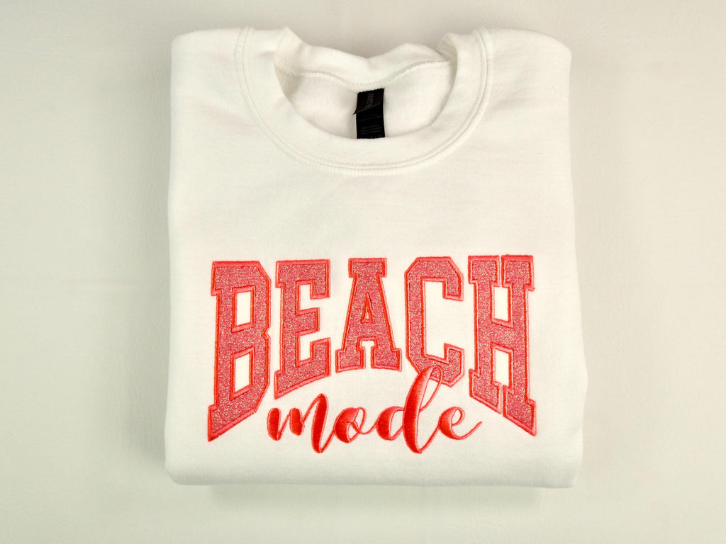Beach Mode Varsity Letters with Glitter, Glow-in-the-Dark Thread, Embroidered Sweatshirt, Filled Letter Crewneck, FREE US SHIPPING