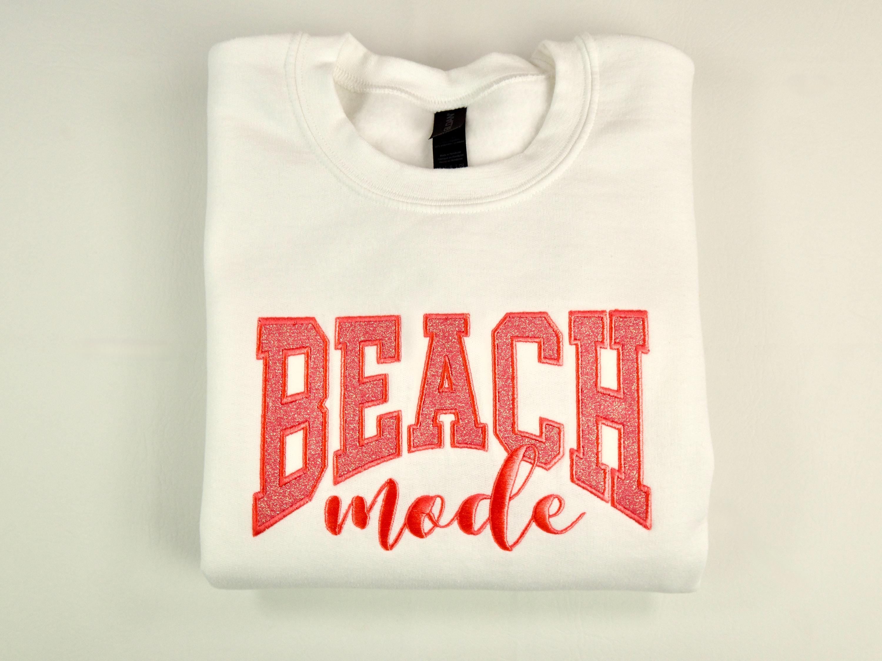 Beach Mode Varsity Letters with Glitter, Glow-in-the-Dark Thread, Embroidered Sweatshirt, Filled Letter Crewneck, FREE US SHIPPING