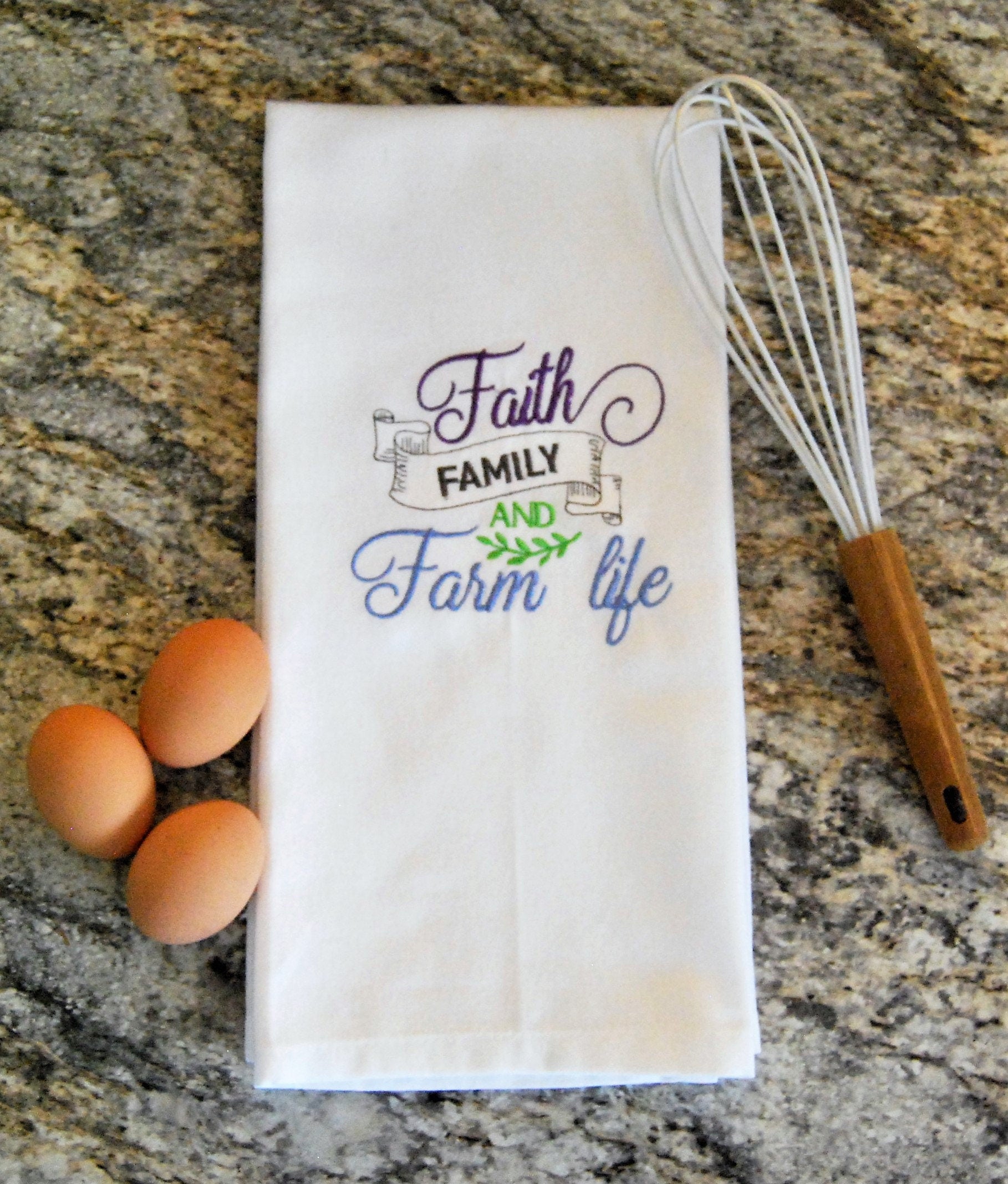 Embroidered “Faith Family and Farm Life” Cotton Flour Sack Kitchen Towel