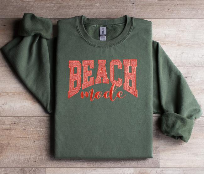 Beach Mode Varsity Letters with Glitter, Glow-in-the-Dark Thread, Embroidered Sweatshirt, Filled Letter Crewneck, FREE US SHIPPING