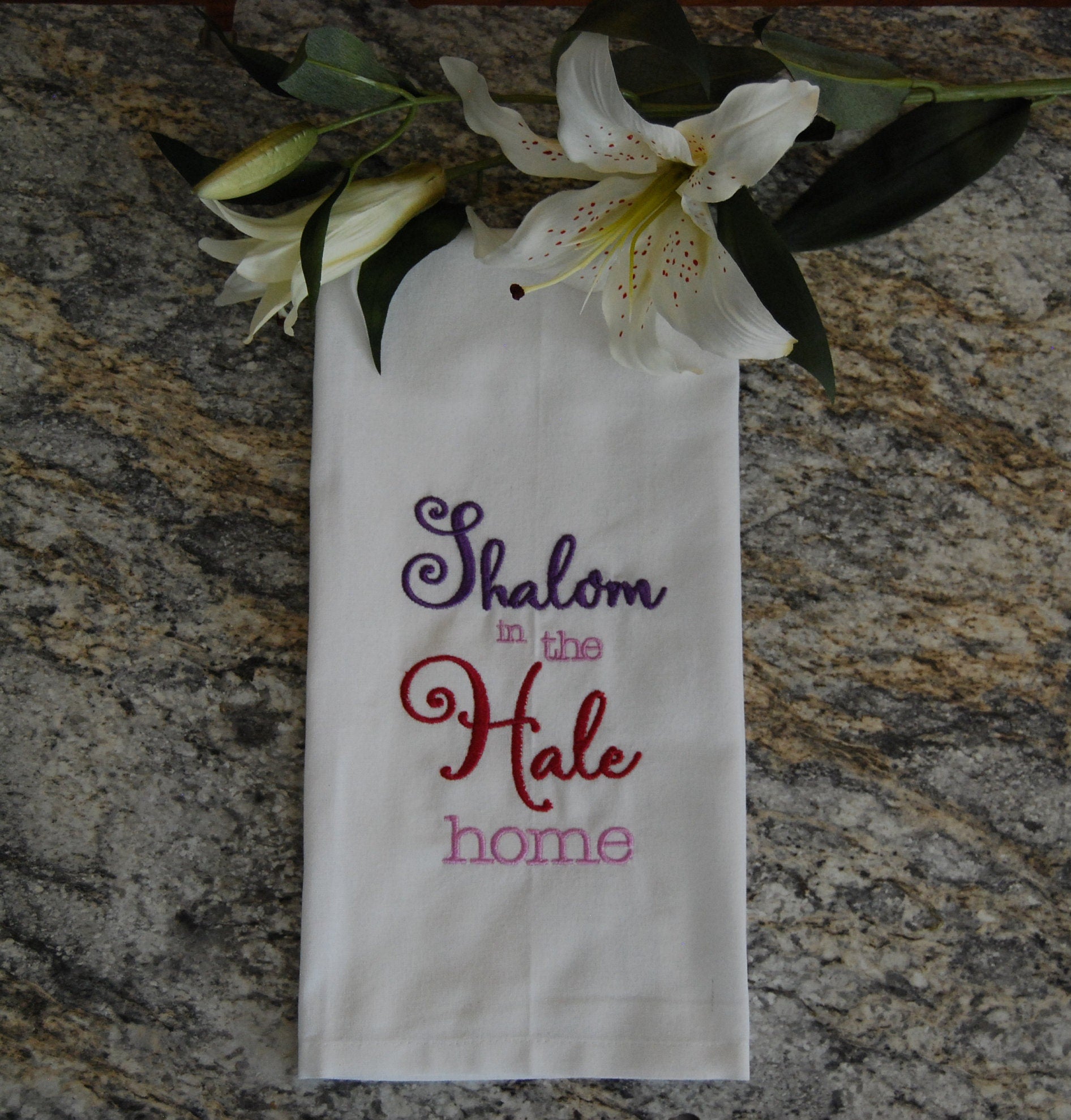 Custom Embroidered “Shalom in the Home” Flour Sack Kitchen Towel