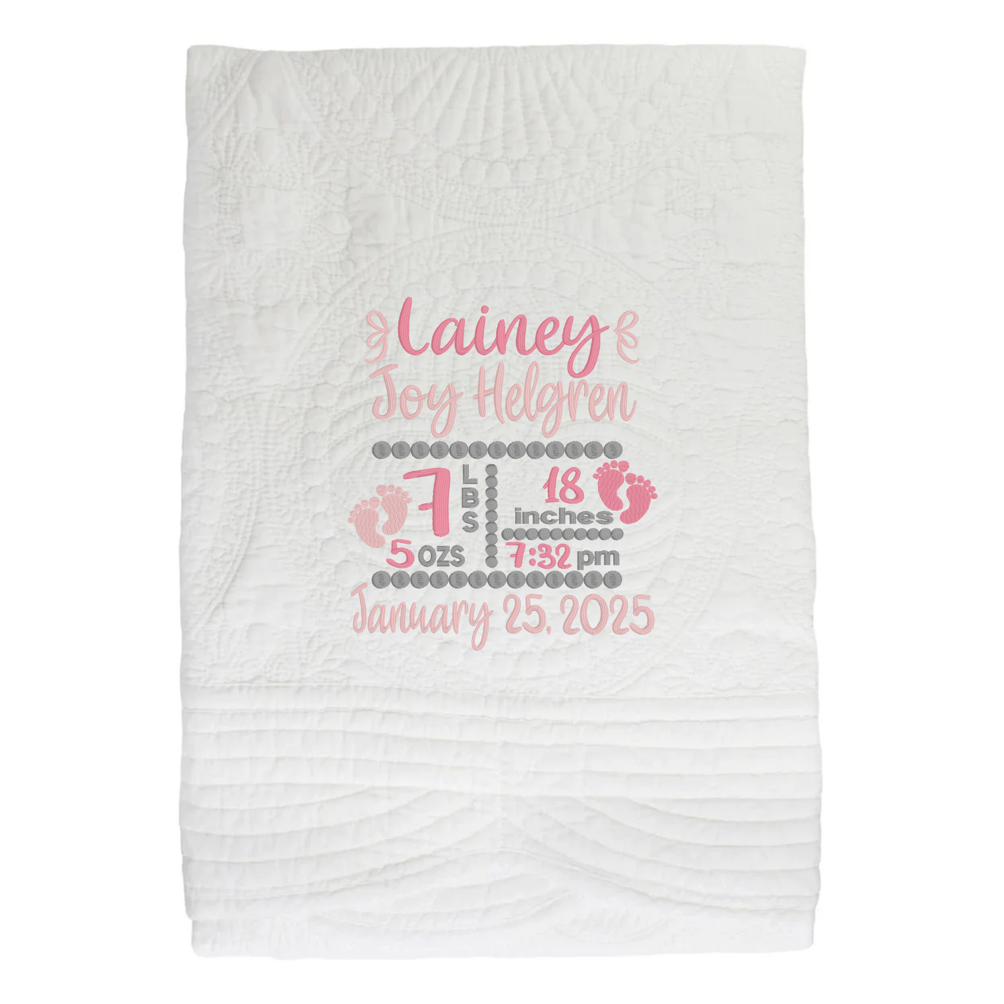 Personalized Baby Girl Heirloom Quilt Birth Announcement | Custom Name & Stats