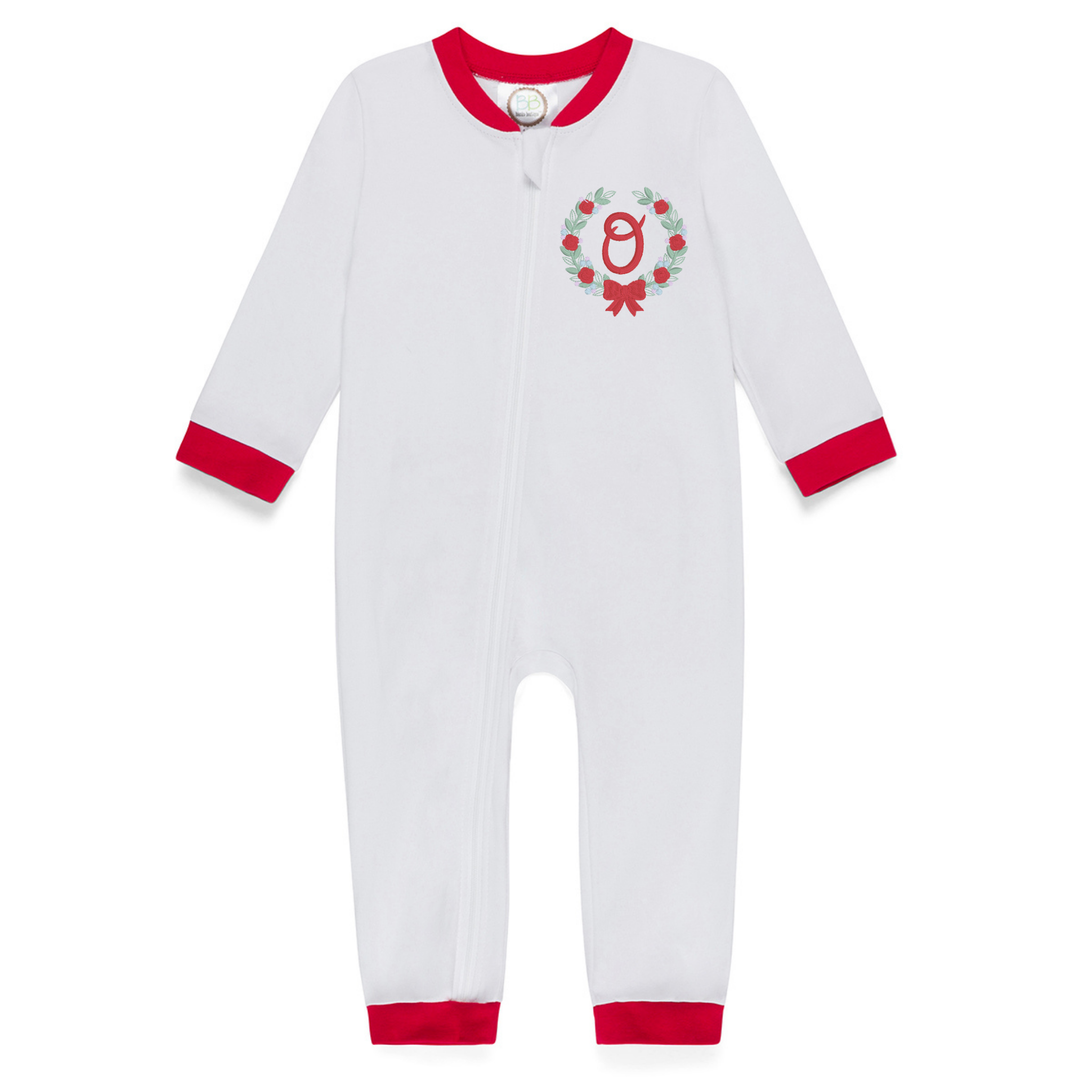 Personalized Zippered Baby Playsuit with Gingham Ruffle Flap | Floral Wreath Initial Embroidery