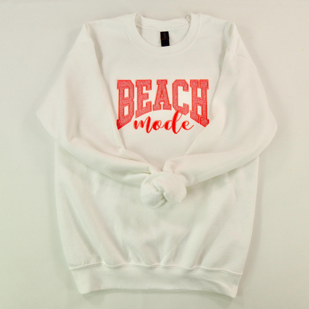 Beach Mode Varsity Letters with Glitter, Glow-in-the-Dark Thread, Embroidered Sweatshirt, Filled Letter Crewneck, FREE US SHIPPING