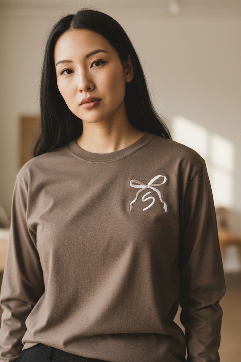 Custom Initial with Two-Toned Bow | Embroidered Long Sleeve Shirt