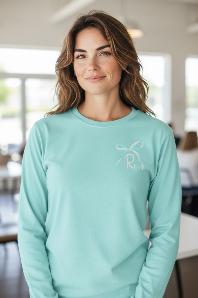Custom Initial with Two-Toned Bow | Embroidered Long Sleeve Shirt
