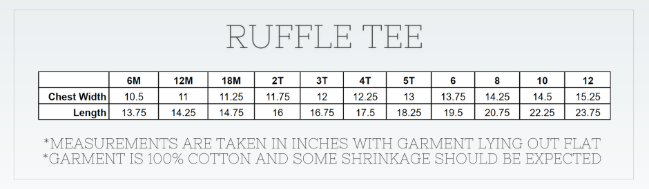 Ruffle tee size chart with chest width and length measurements on a light gray background for custom monogrammed shirt