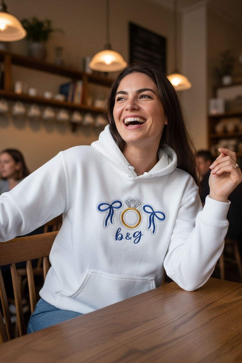 Custom 3D Puff Diamond Ring with Bows Engagement Embroidered Shirt