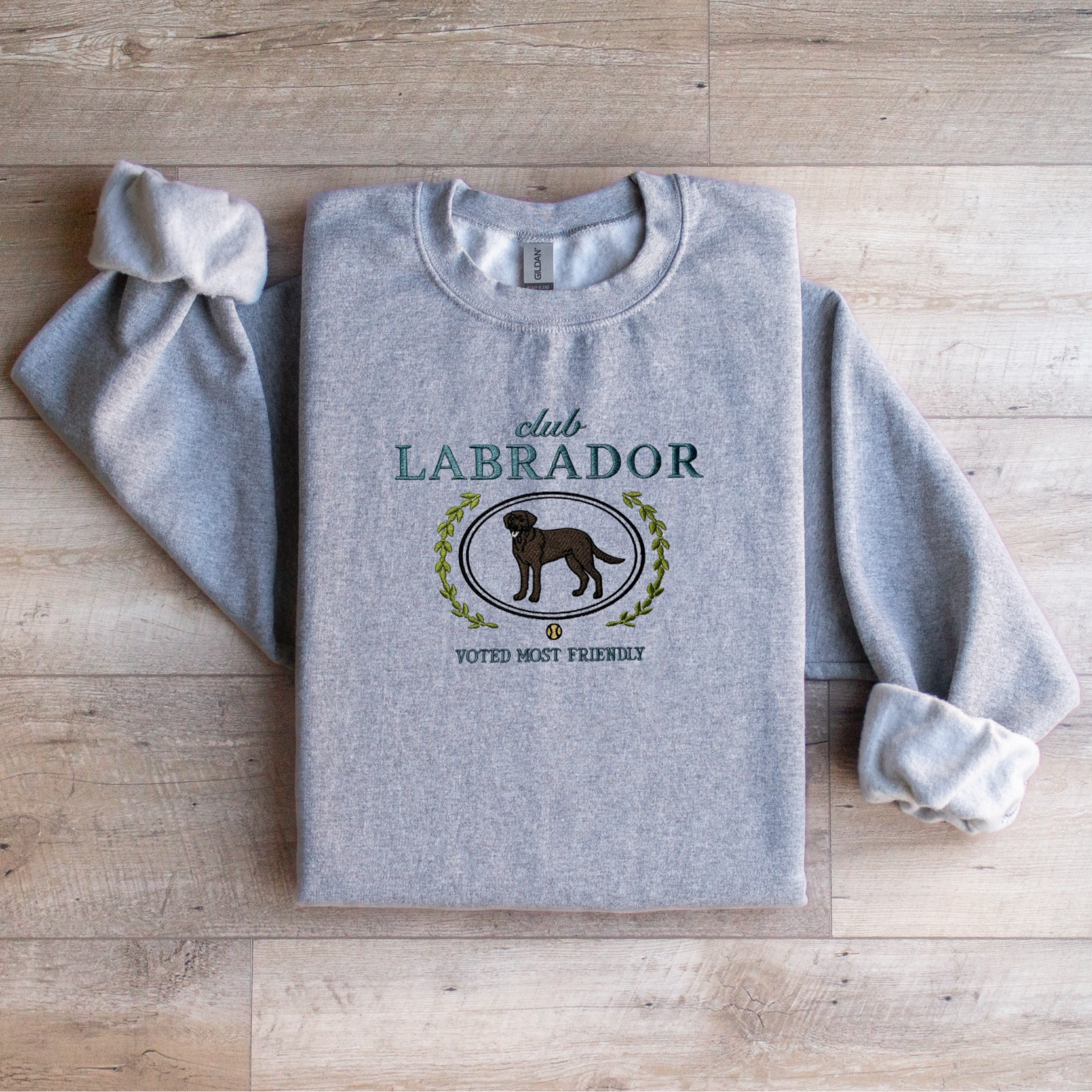 Club Labrador Embroidered Sweatshirt “Voted Most Friendly” Cozy Crewneck for Dog Lovers