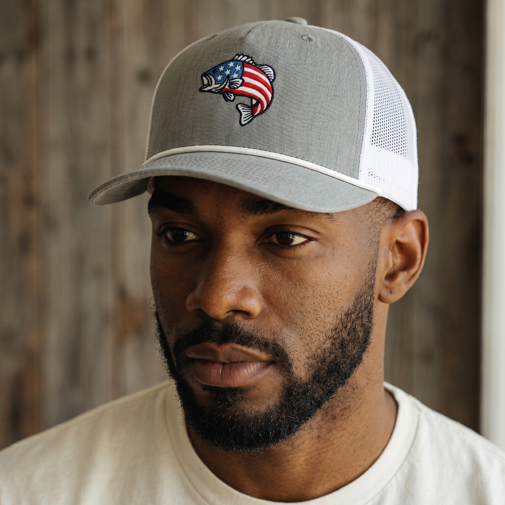 Patriotic Bass Fish Embroidered Richardson Cap