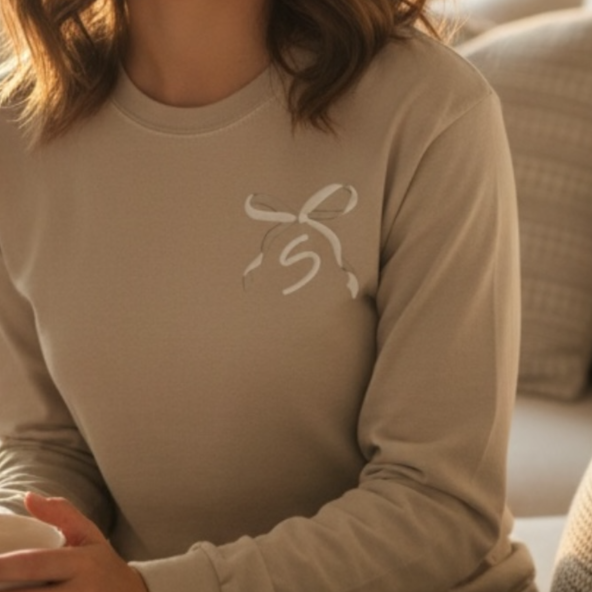 Custom Initial with Two-Toned Bow | Embroidered Long Sleeve Shirt