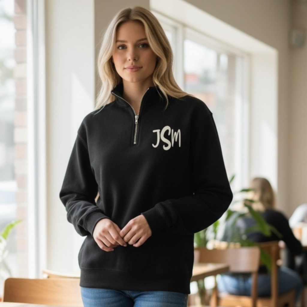 Custom 3D Puff Monogram Quarter Zip Medium Weight Sweatshirt