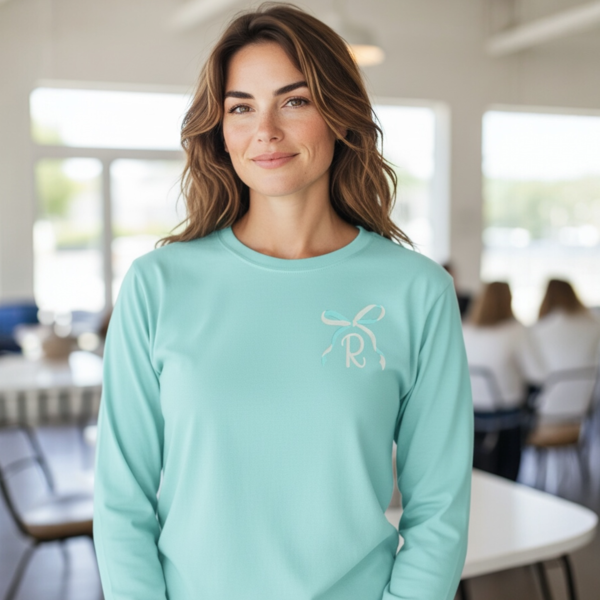 Custom Initial with Two-Toned Bow | Embroidered Long Sleeve Shirt