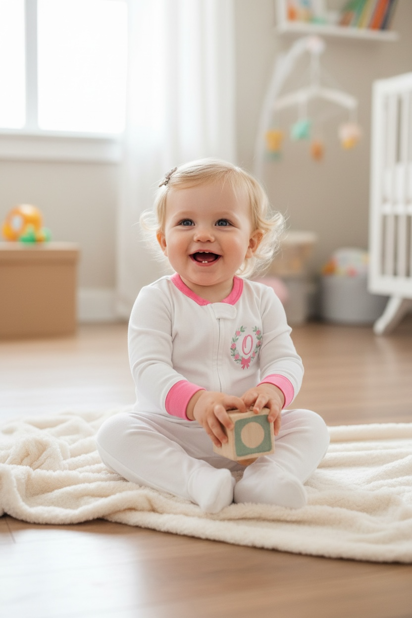 Personalized Zippered Baby Playsuit with Gingham Ruffle Flap | Floral Wreath Initial Embroidery