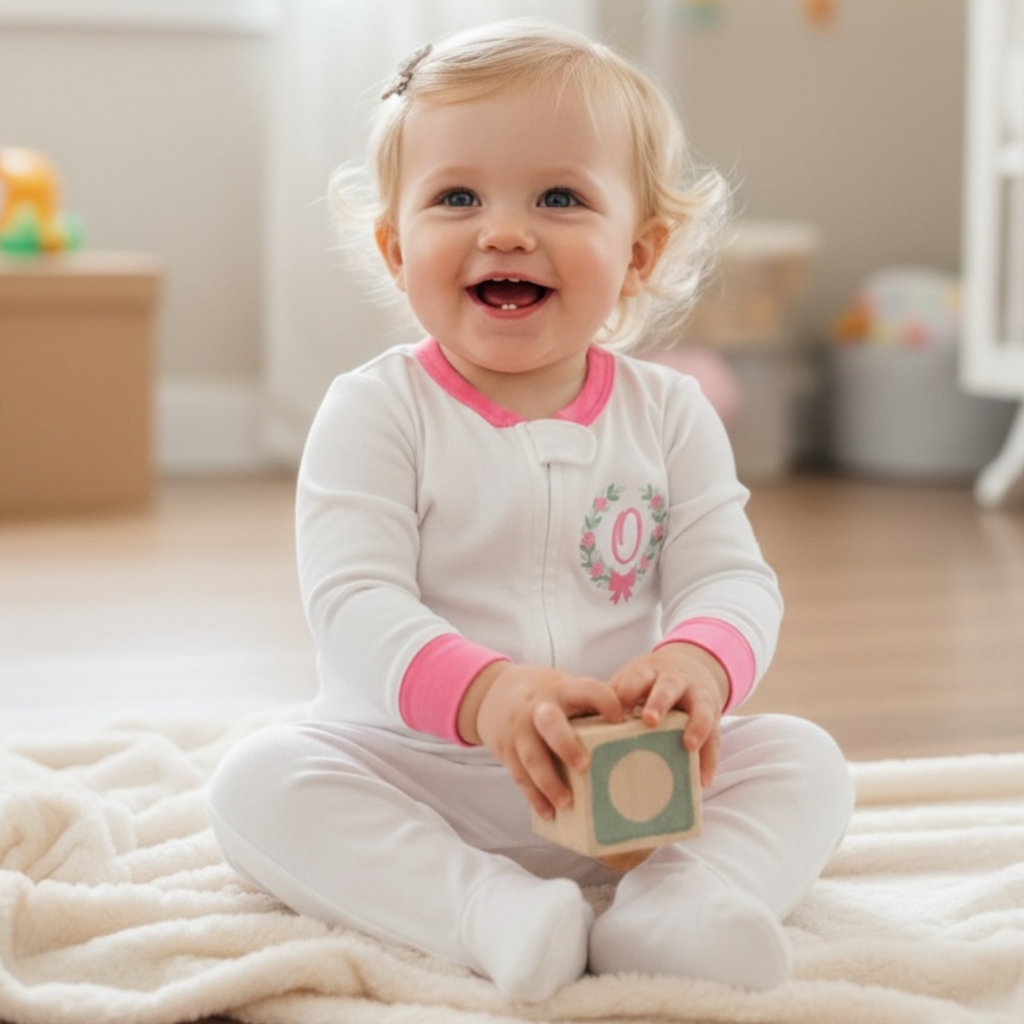 Personalized Zippered Baby Playsuit with Gingham Ruffle Flap with Floral Wreath Initial Embroidery