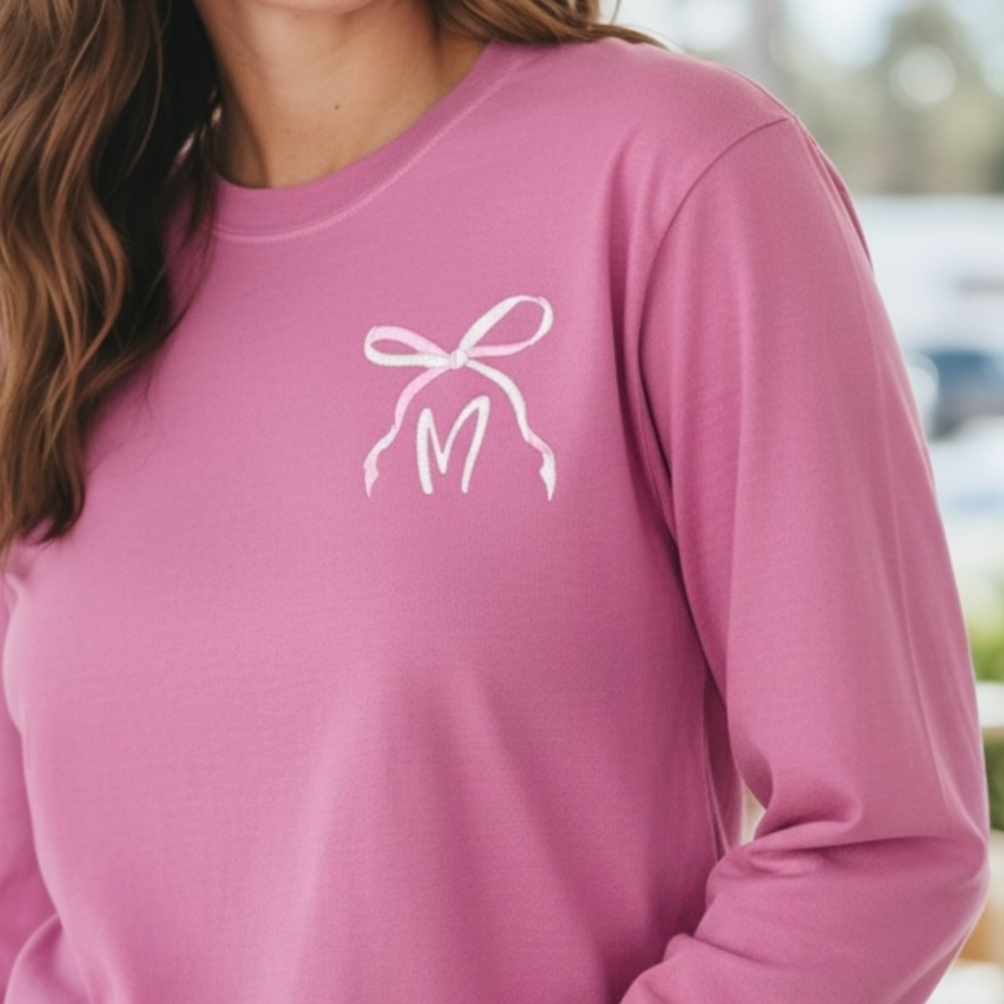 Custom Initial with Two-Toned Bow | Embroidered Long Sleeve Shirt